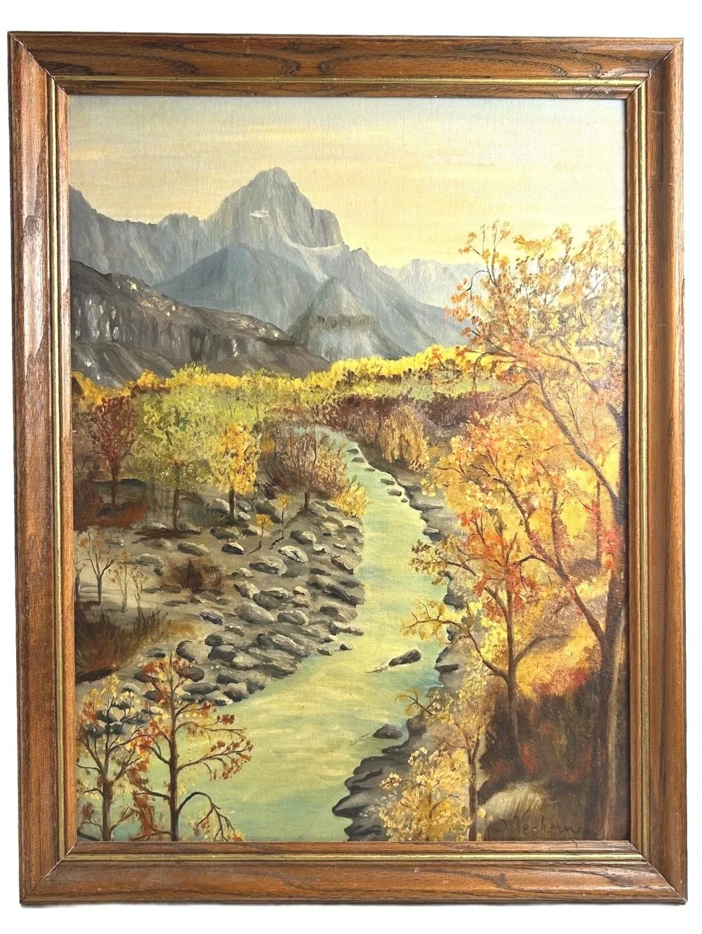 Vintage Landscape Oil Painting in Wooden Frame